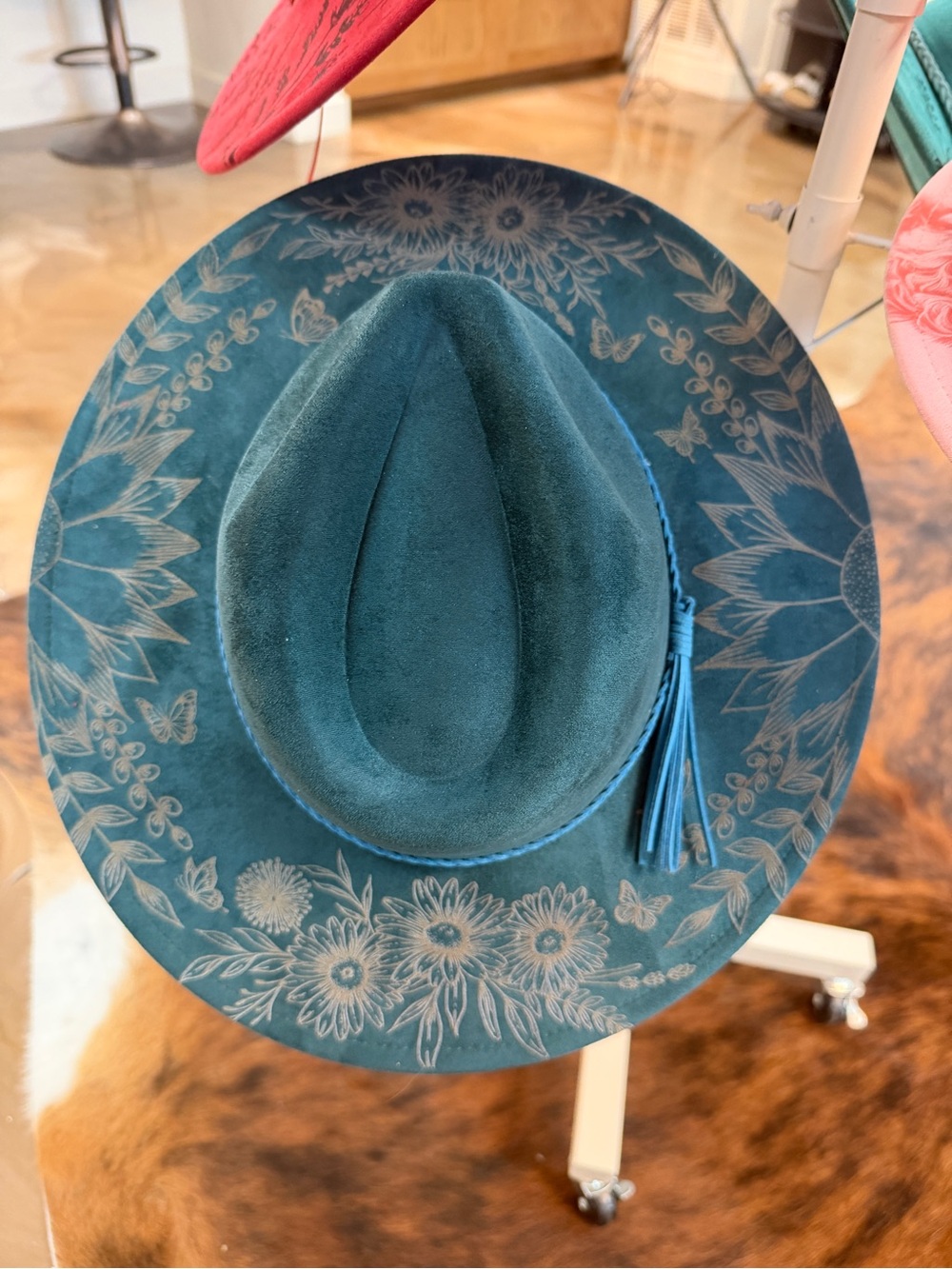Teal Floral-Engraved Western Fedora Hat